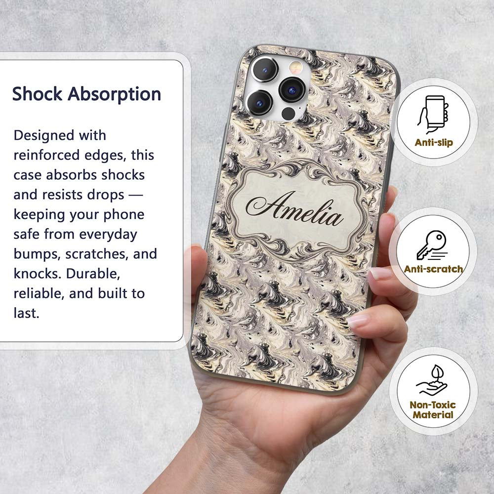 Neutral Beige Black Fluid Marble Abstract Swirl Custom Name Protective Phone Case Mobile Cover Durable Everyday Smartphone Shock Resistant