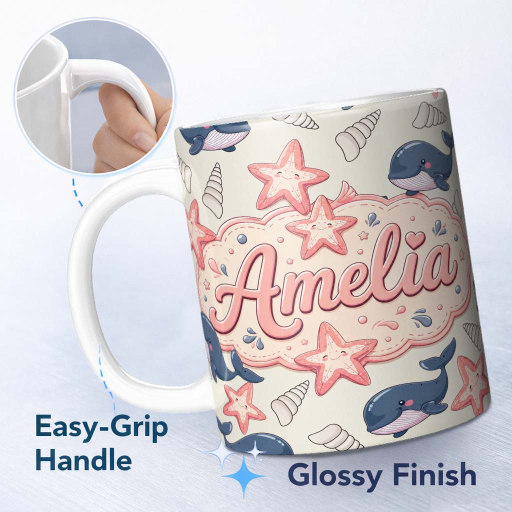Personalized Custom Name Cute Kawaii Whale Starfish Seashell Ocean Animals Beige Background 11oz Ceramic Coffee Tea Mug White Large Handle