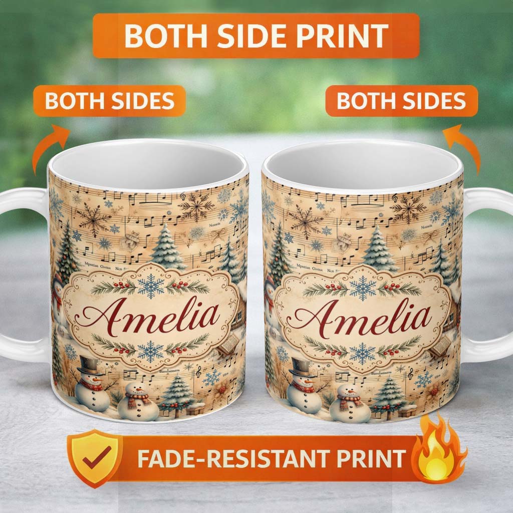 Personalized Custom Name Winter Snowman Christmas Trees Music Notes Seamless Pattern Lovely 11oz Ceramic Coffee Tea Mug White Large Handle