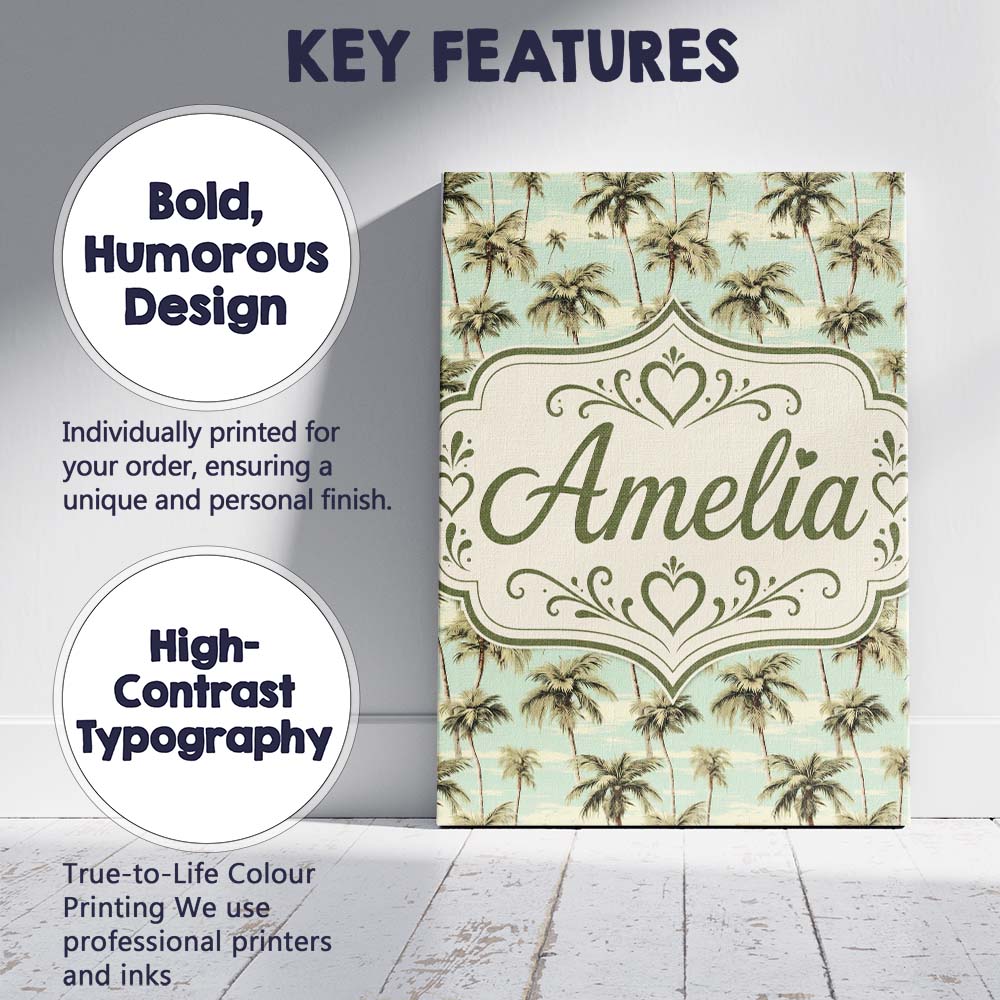 Personalised Name Tropical Palm Trees Ocean Custom Bespoke Interior Contemporary Canvas Wall Art Print Decor Picture Ready to Hang