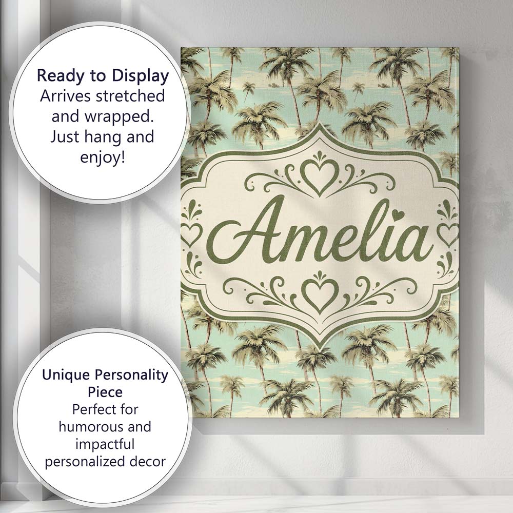 Personalised Name Tropical Palm Trees Ocean Custom Bespoke Interior Contemporary Canvas Wall Art Print Decor Picture Ready to Hang