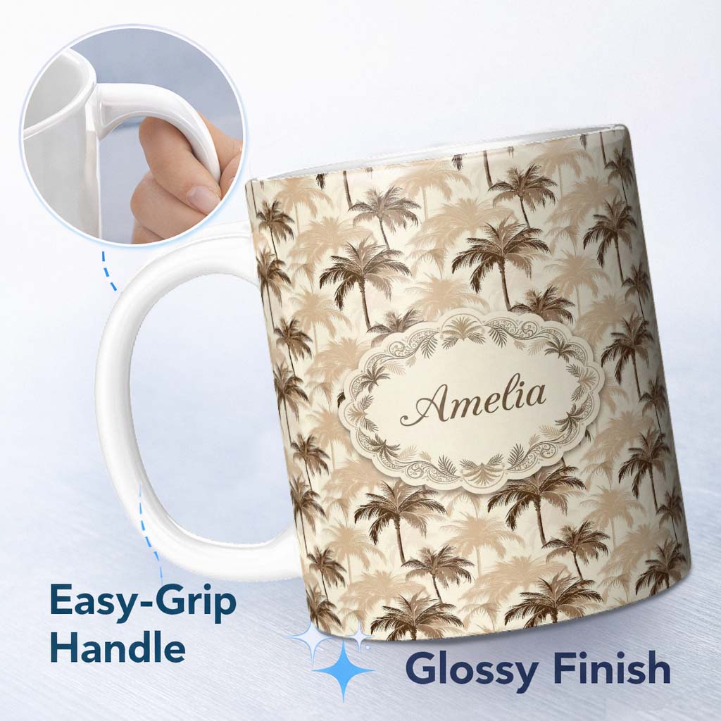 Personalized Custom Name Brown Palm Trees Neutral Background Tropical Seamless Pattern Name 11oz Ceramic Coffee Tea Mug White Large Handle