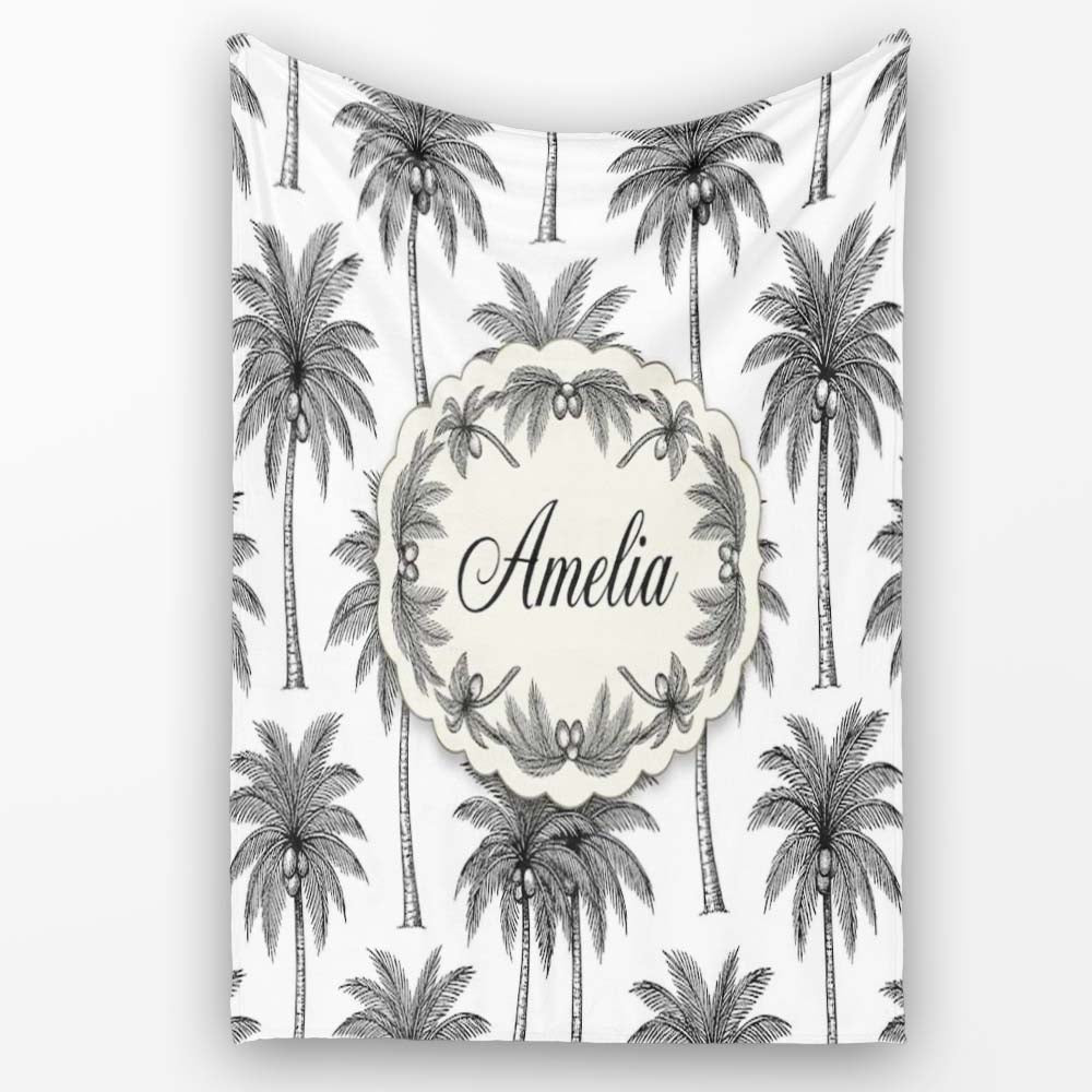 Black White Palm Trees Minimal Tropical Seamless Pattern Name Cute Personalised Custom Name Super Soft Fleece Blanket Bed Sofa Throw