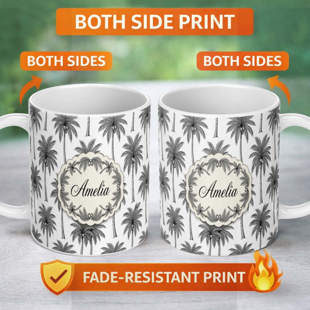 Personalized Custom Name Black White Palm Trees Minimal Tropical Seamless Pattern Name Cute 11oz Ceramic Coffee Tea Mug White Large Handle