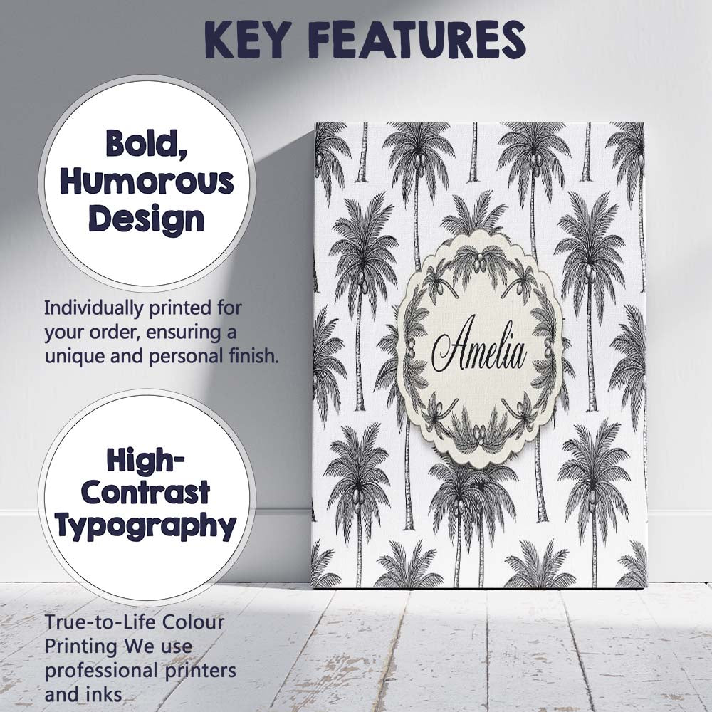 Personalised Name Black White Palm Trees Custom Unique Gift Idea Elegant Feature Canvas Wall Art Print Decor Picture Ready to Hang