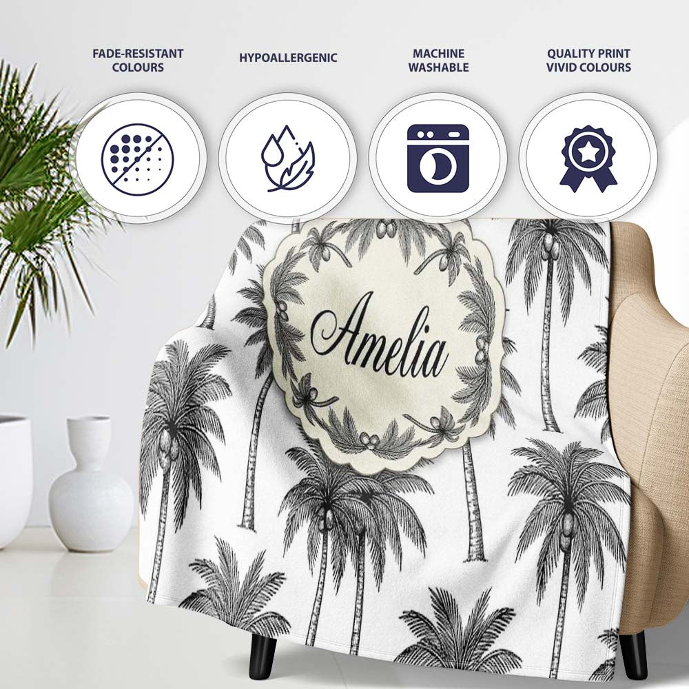 Black White Palm Trees Minimal Tropical Seamless Pattern Name Cute Personalised Custom Name Super Soft Fleece Blanket Bed Sofa Throw