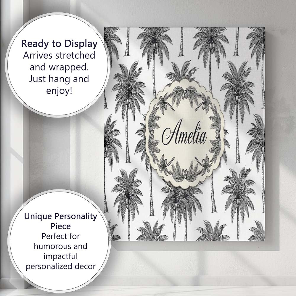 Personalised Name Black White Palm Trees Custom Unique Gift Idea Elegant Feature Canvas Wall Art Print Decor Picture Ready to Hang