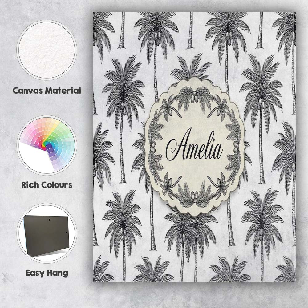 Personalised Name Black White Palm Trees Custom Unique Gift Idea Elegant Feature Canvas Wall Art Print Decor Picture Ready to Hang