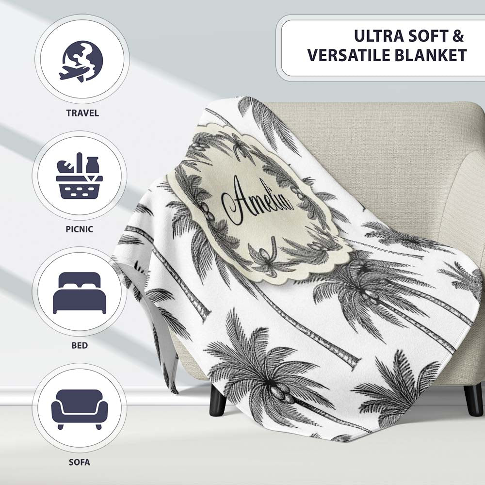 Black White Palm Trees Minimal Tropical Seamless Pattern Name Cute Personalised Custom Name Super Soft Fleece Blanket Bed Sofa Throw