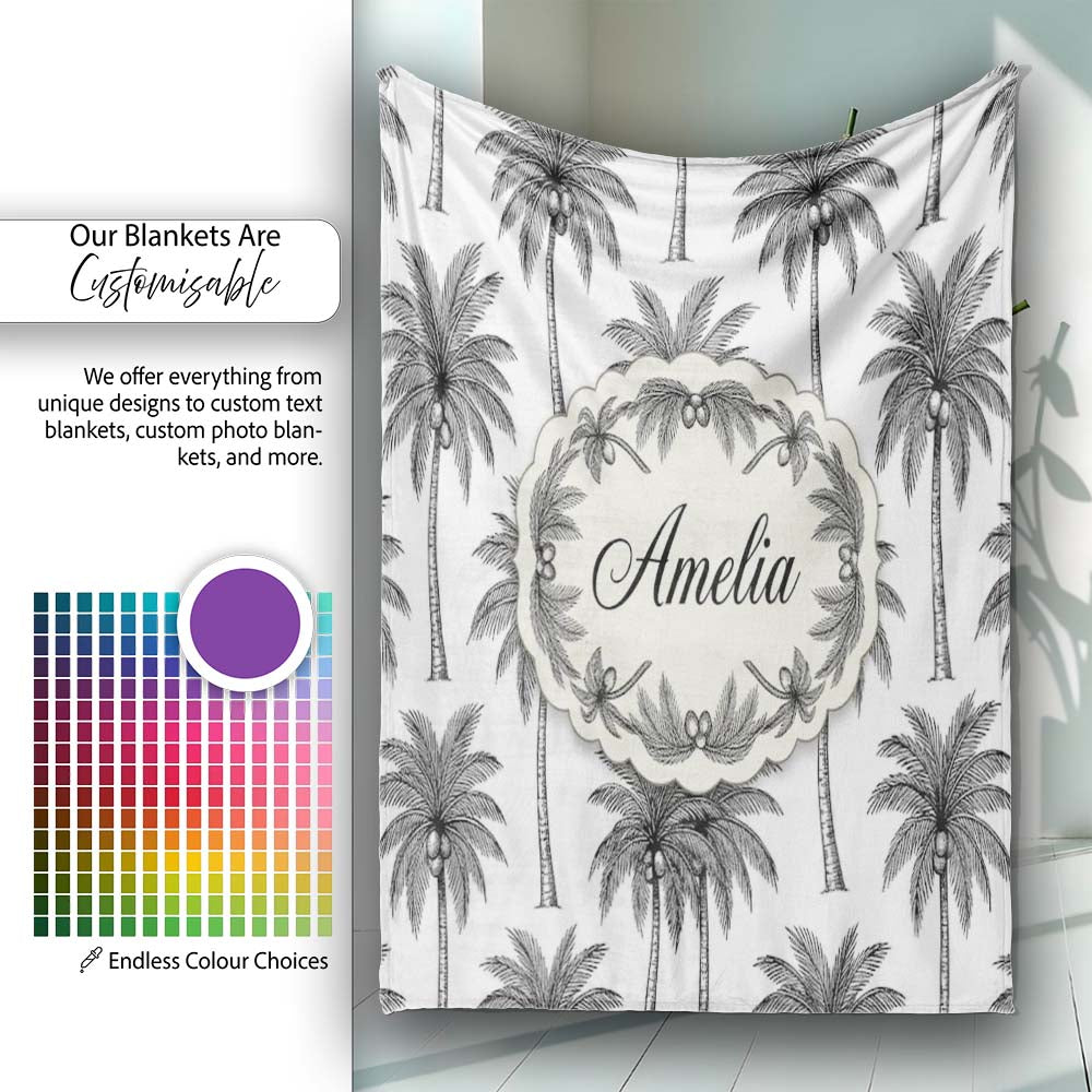 Black White Palm Trees Minimal Tropical Seamless Pattern Name Cute Personalised Custom Name Super Soft Fleece Blanket Bed Sofa Throw
