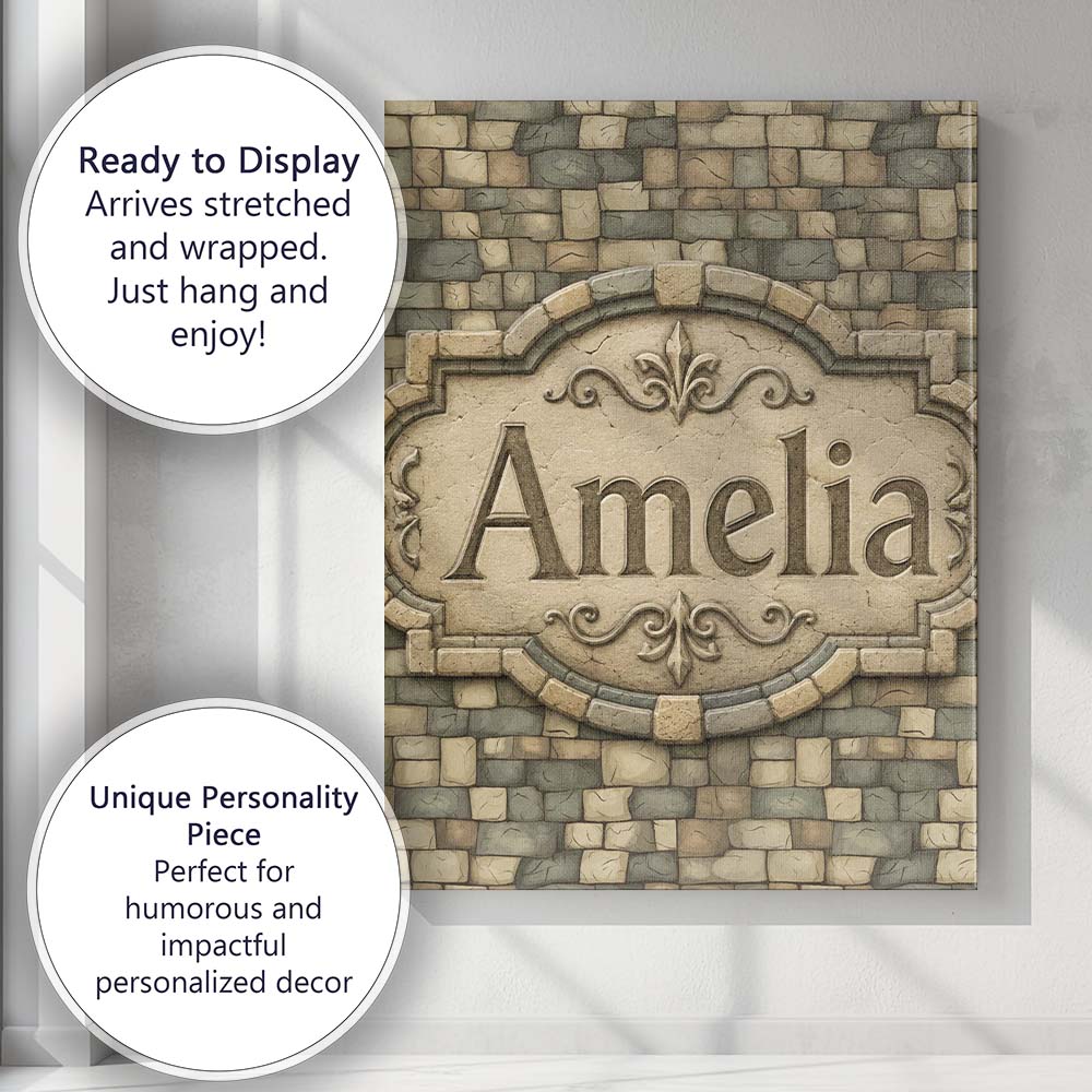 Personalised Name Beige Stone Brick Custom Stylish Home Interior Elegant Feature Canvas Wall Art Print Decor Picture Ready to Hang