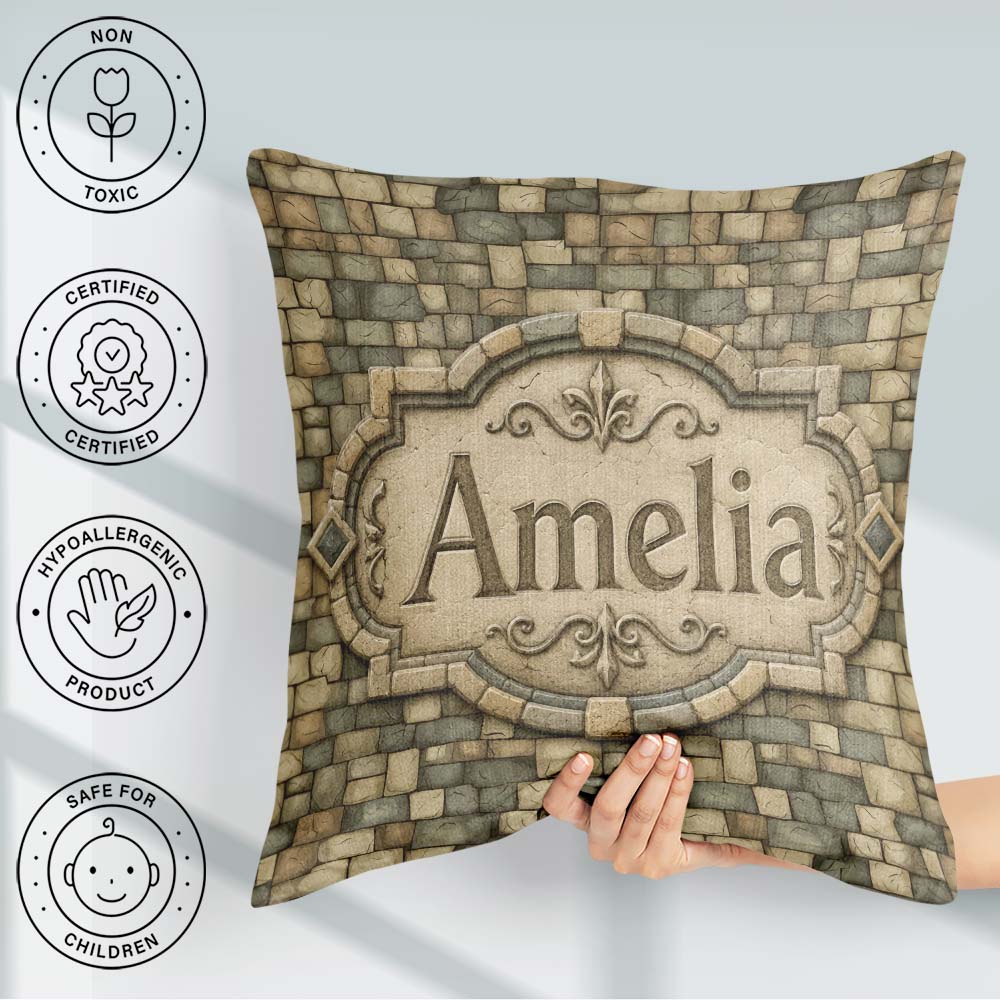 Custom Name Beige Stone Brick Wall Texture Seamless Pattern Name Square Filled Cushion Throw Pillow Sofa Bed Home Decor Zip Washable UK Made