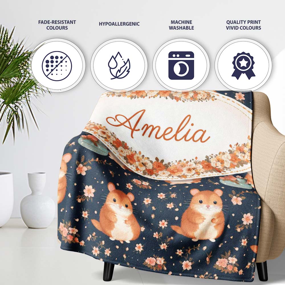 Cute Hamster Floral Teapot Seamless Pattern Perfect Gift for Her Personalised Custom Name Super Soft Fleece Blanket Bed Sofa Throw