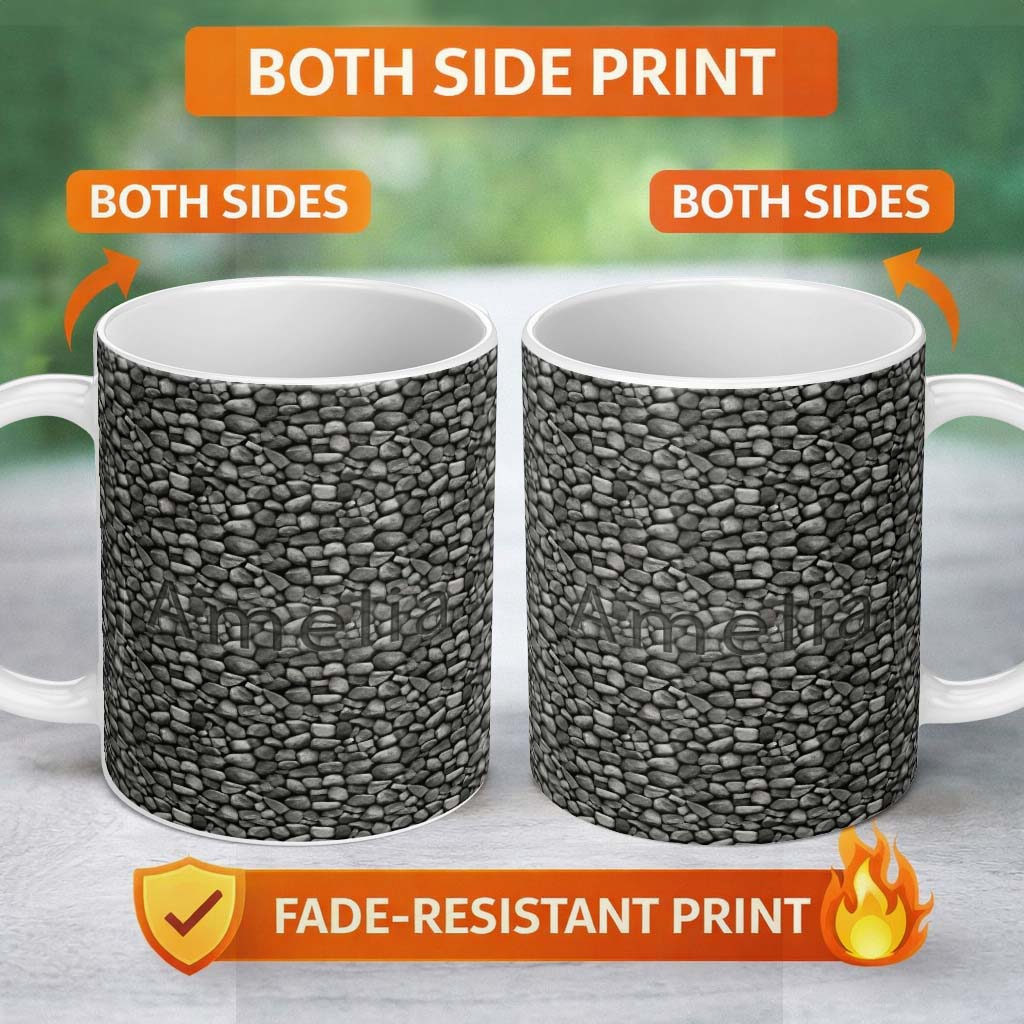 Personalized Custom Name Grey Stone Pebble Rock Texture Seamless Pattern Name Cute Unique 11oz Ceramic Coffee Tea Mug White Large Handle
