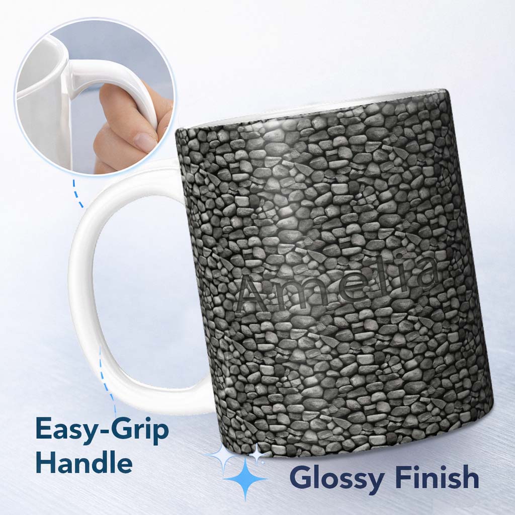 Personalized Custom Name Grey Stone Pebble Rock Texture Seamless Pattern Name Cute Unique 11oz Ceramic Coffee Tea Mug White Large Handle