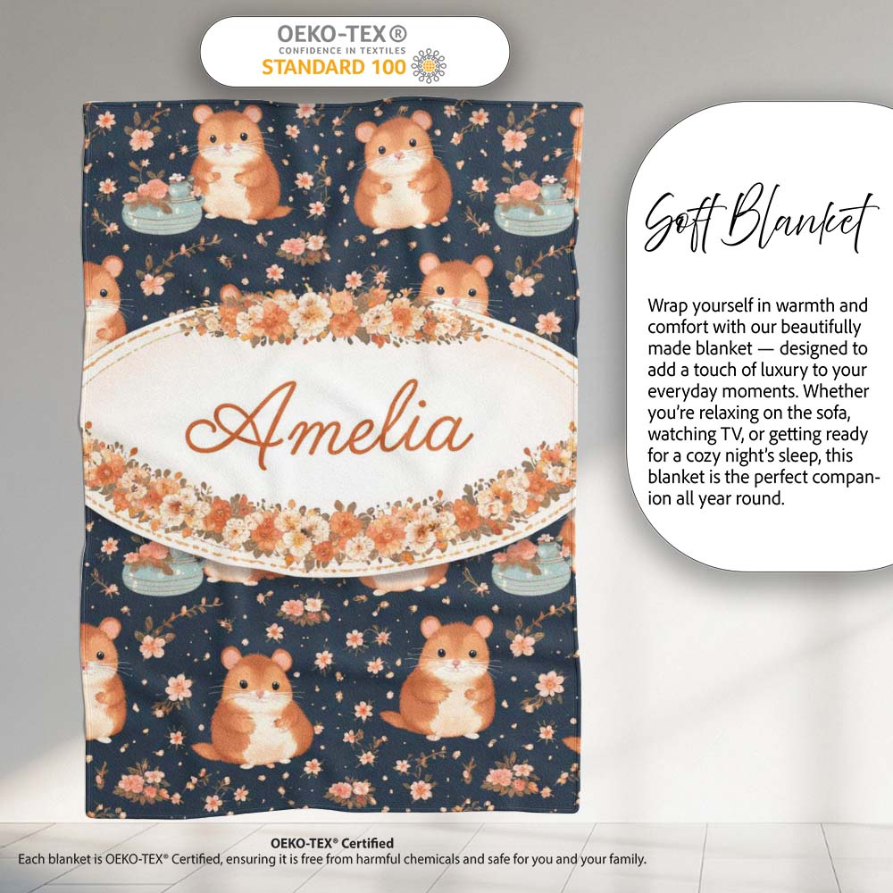 Cute Hamster Floral Teapot Seamless Pattern Perfect Gift for Her Personalised Custom Name Super Soft Fleece Blanket Bed Sofa Throw