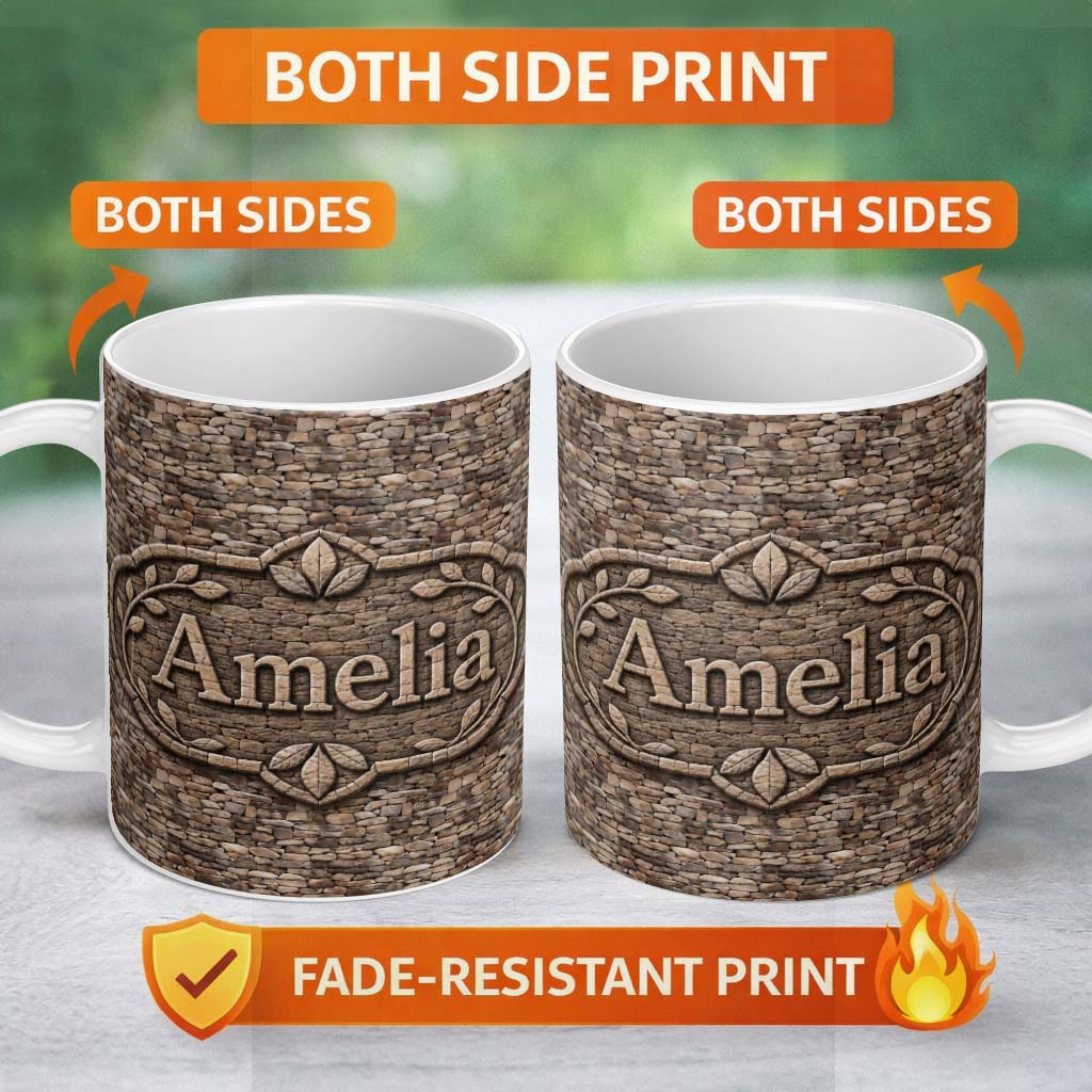 Personalized Custom Name Rustic Brown Stone Wall Texture Seamless Pattern Name Cute Unique 11oz Ceramic Coffee Tea Mug White Large Handle