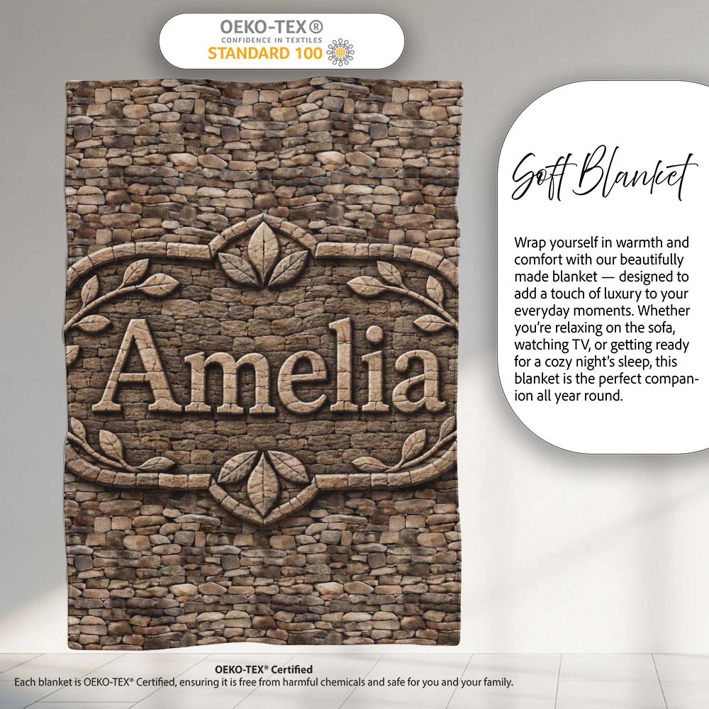 Rustic Brown Stone Wall Texture Seamless Pattern Name Cute Unique Personalised Custom Name Super Soft Fleece Blanket Bed Sofa Throw