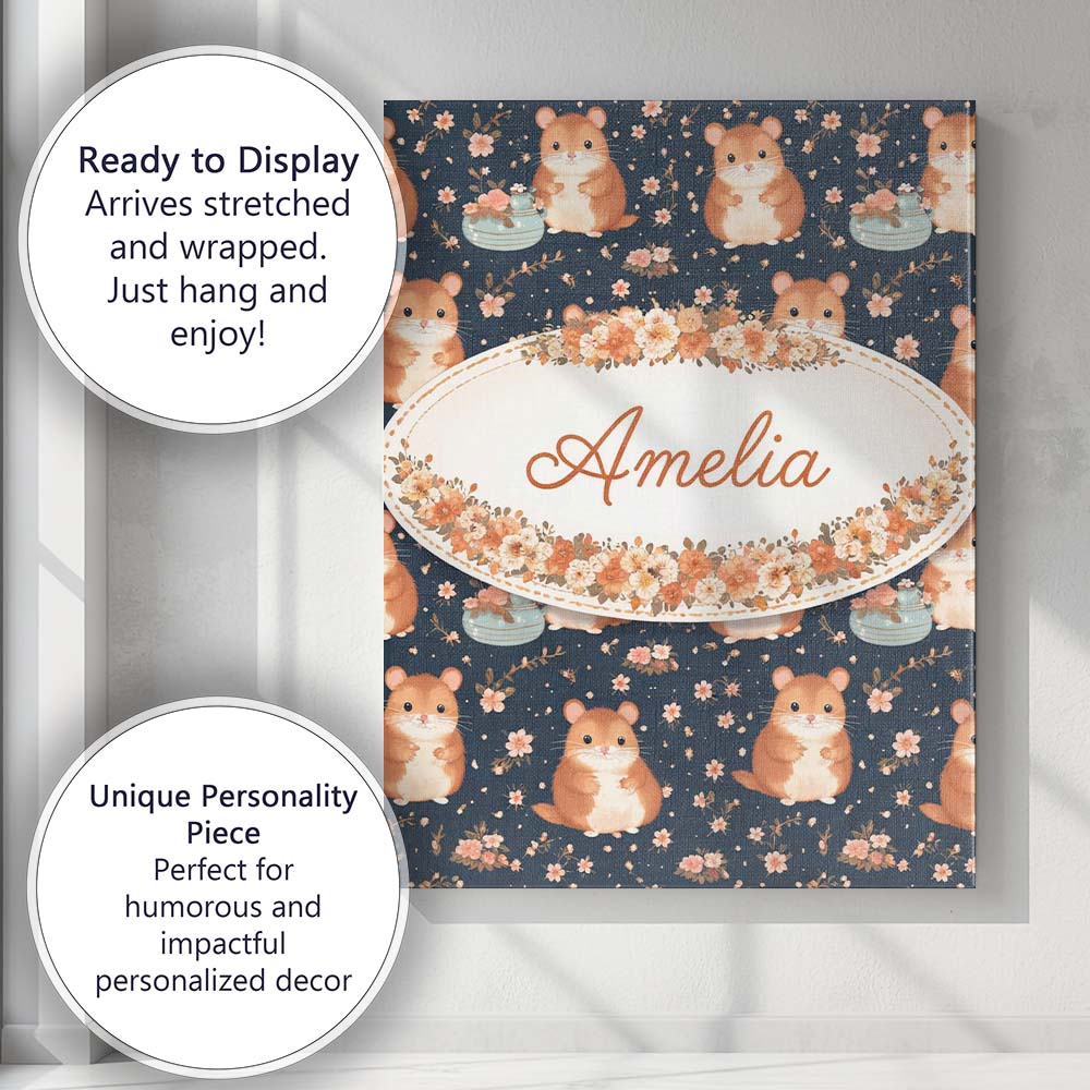 Personalised Name Cute Hamster Floral Teapot Seamless Pattern Custom Contemporary Display Canvas Wall Art Print Decor Picture Ready to Hang