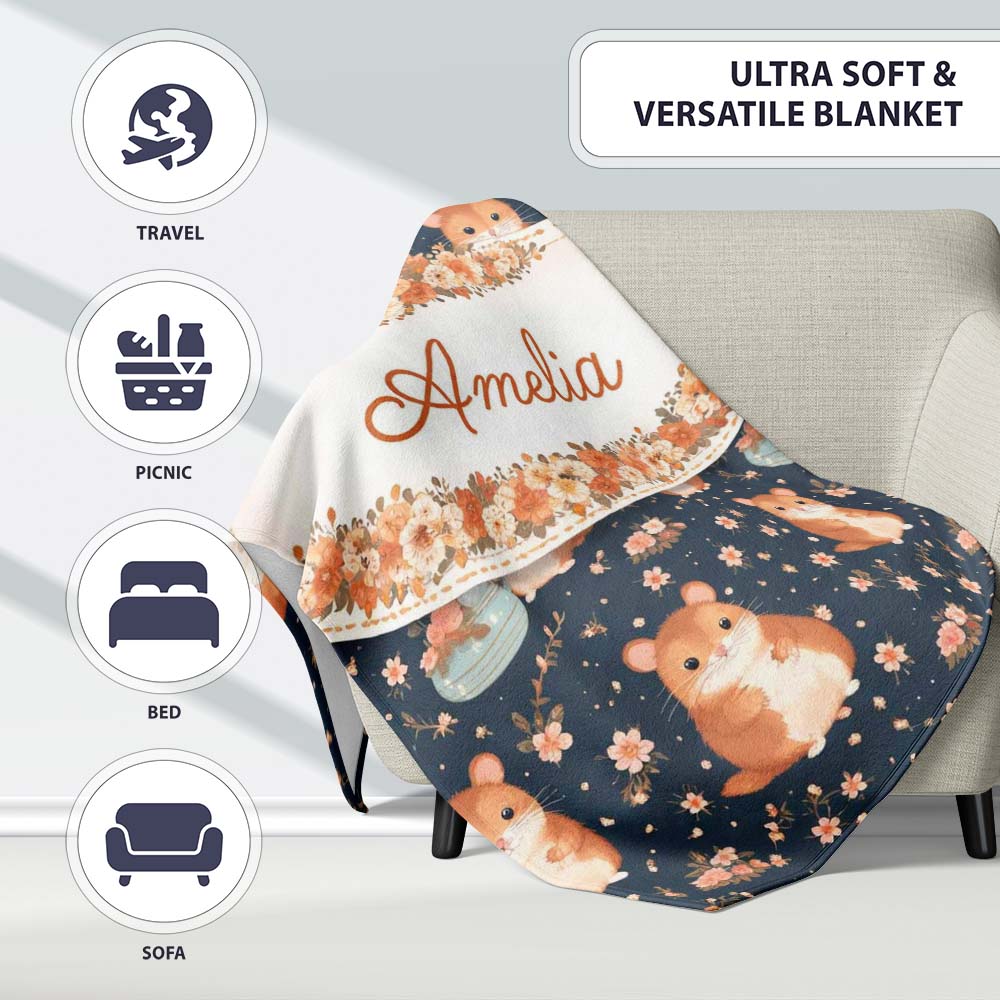 Cute Hamster Floral Teapot Seamless Pattern Perfect Gift for Her Personalised Custom Name Super Soft Fleece Blanket Bed Sofa Throw