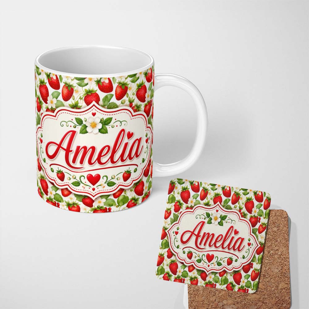 Personalized Custom Name Fresh Red Strawberries White Blossom Seamless Pattern Name Cute 11oz Ceramic Coffee Tea Mug White Large Handle