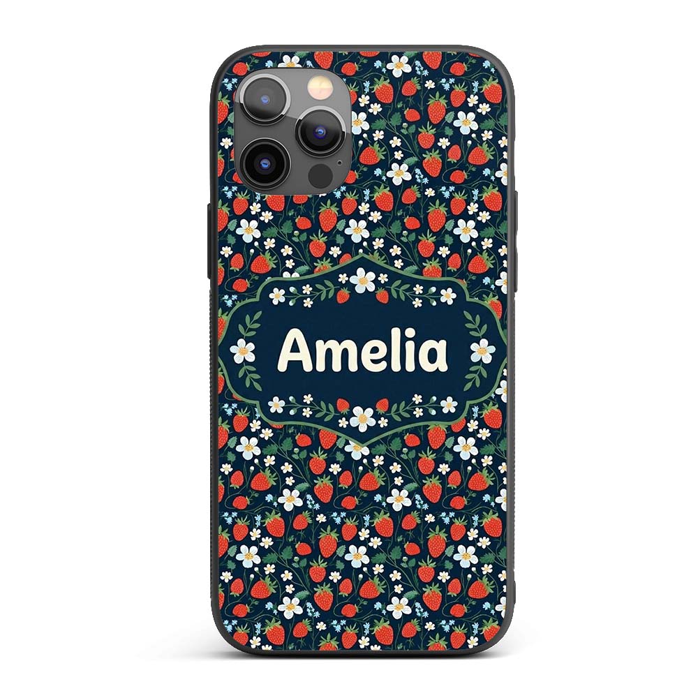 Wild Strawberry Floral Navy Background Seamless Custom Name Protective Phone Case Mobile Cover Durable Everyday Smartphone Shock Resistant
