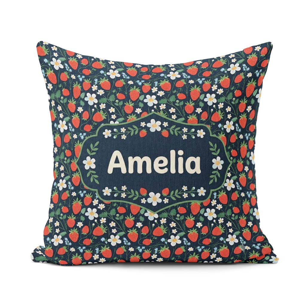 Custom Name Wild Strawberry Floral Navy Background Seamless Name Square Filled Cushion Throw Pillow Sofa Bed Home Decor Zip Washable UK Made