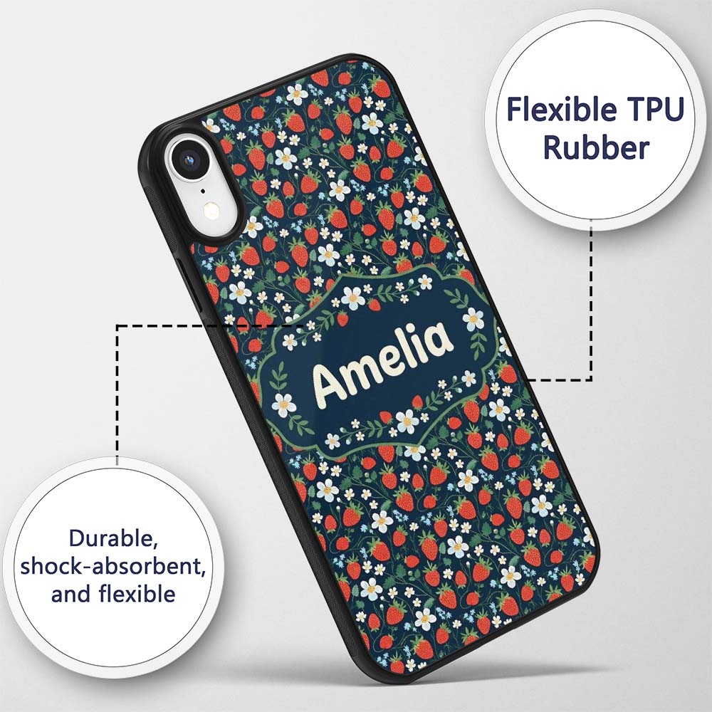 Wild Strawberry Floral Navy Background Seamless Custom Name Protective Phone Case Mobile Cover Durable Everyday Smartphone Shock Resistant