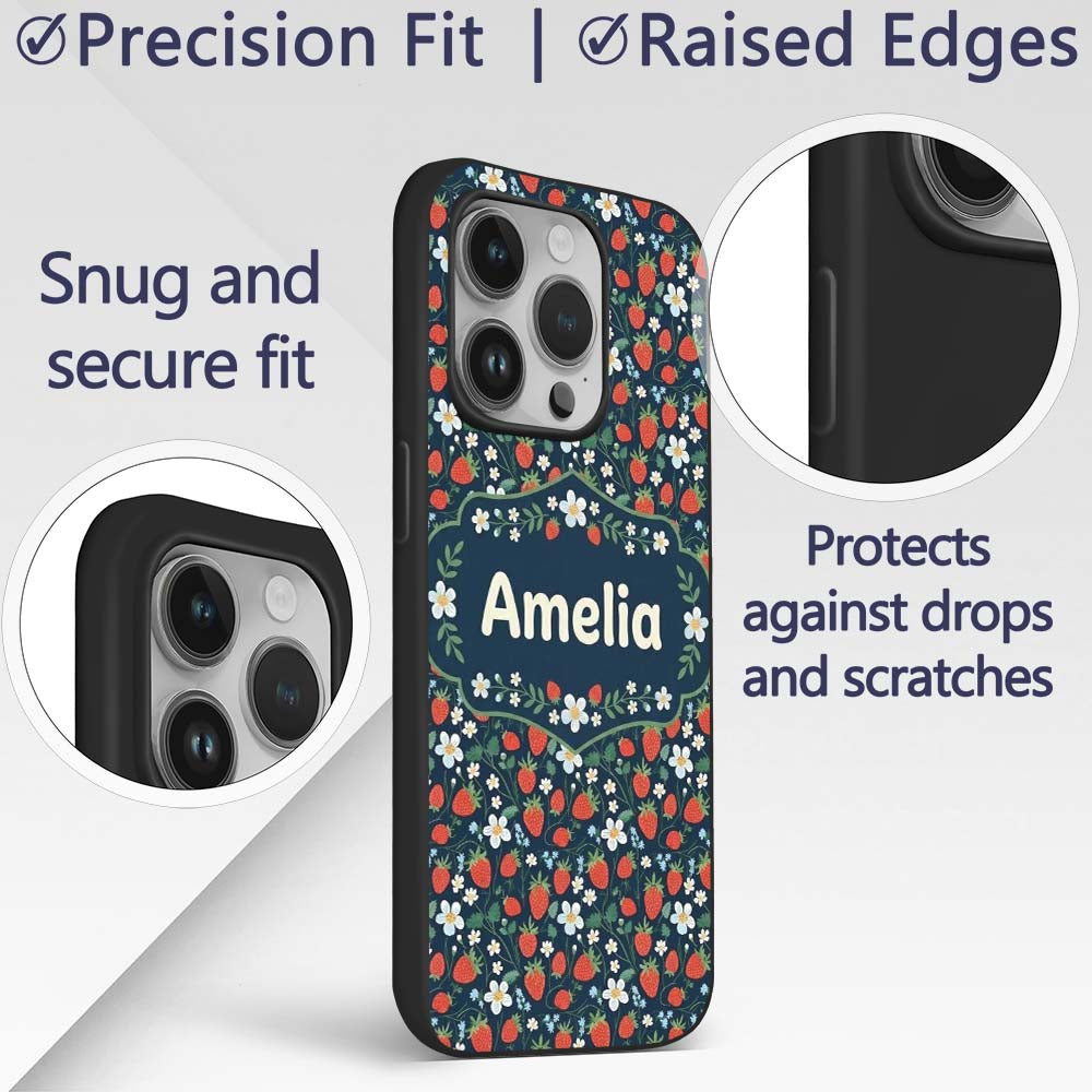 Wild Strawberry Floral Navy Background Seamless Custom Name Protective Phone Case Mobile Cover Durable Everyday Smartphone Shock Resistant