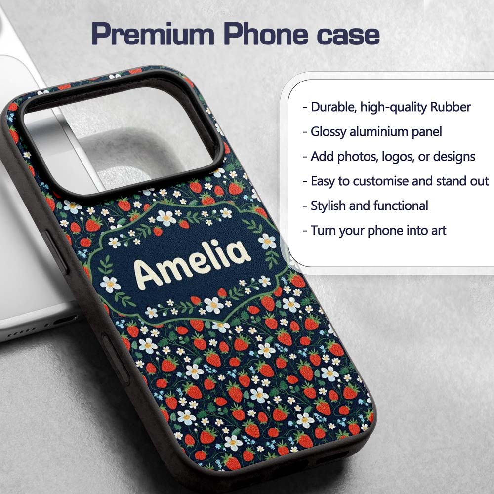 Wild Strawberry Floral Navy Background Seamless Custom Name Protective Phone Case Mobile Cover Durable Everyday Smartphone Shock Resistant