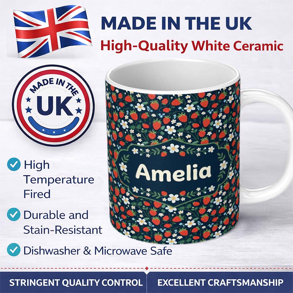 Personalized Custom Name Wild Strawberry Floral Navy Background Seamless Pattern Name Cute 11oz Ceramic Coffee Tea Mug White Large Handle