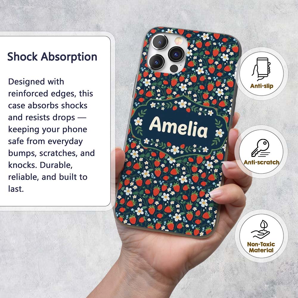 Wild Strawberry Floral Navy Background Seamless Custom Name Protective Phone Case Mobile Cover Durable Everyday Smartphone Shock Resistant