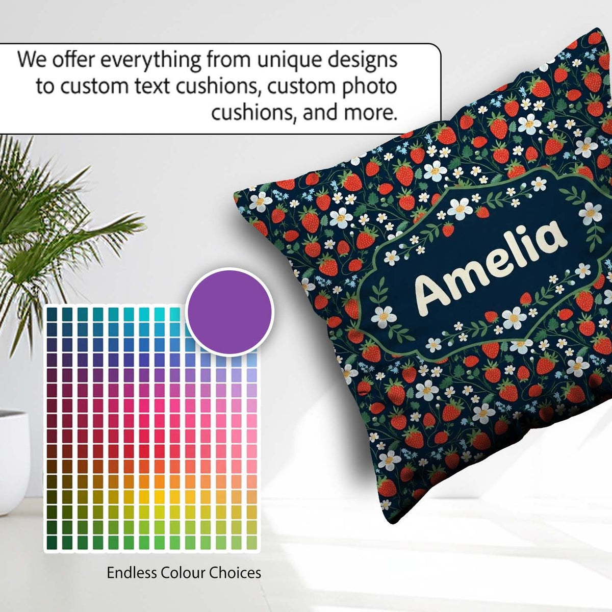 Custom Name Wild Strawberry Floral Navy Background Seamless Name Square Filled Cushion Throw Pillow Sofa Bed Home Decor Zip Washable UK Made