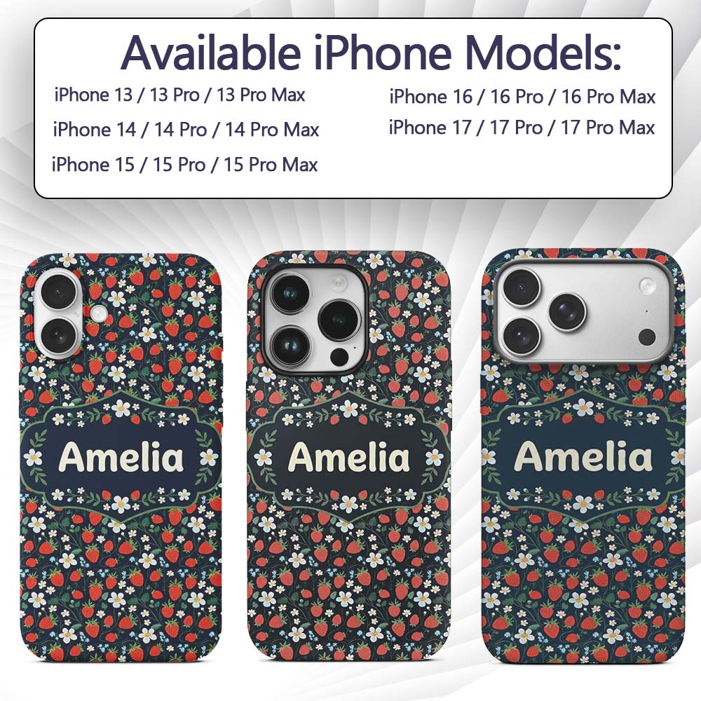 Wild Strawberry Floral Navy Background Seamless Custom Name Protective Phone Case Mobile Cover Durable Everyday Smartphone Shock Resistant