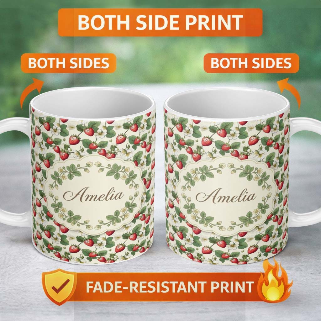 Personalized Custom Name Vintage Strawberry Botanical Cream Background Seamless Pattern Name 11oz Ceramic Coffee Tea Mug White Large Handle