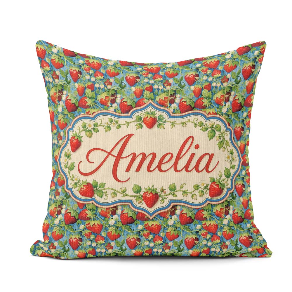 Custom Name Juicy Strawberry Vine Blue Background Seamless Name Square Filled Cushion Throw Pillow Sofa Bed Home Decor Zip Washable UK Made