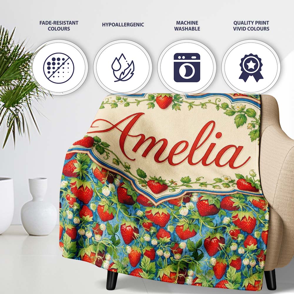 Juicy Strawberry Vine Blue Background Seamless Pattern Name Cute Personalised Custom Name Super Soft Fleece Blanket Bed Sofa Throw