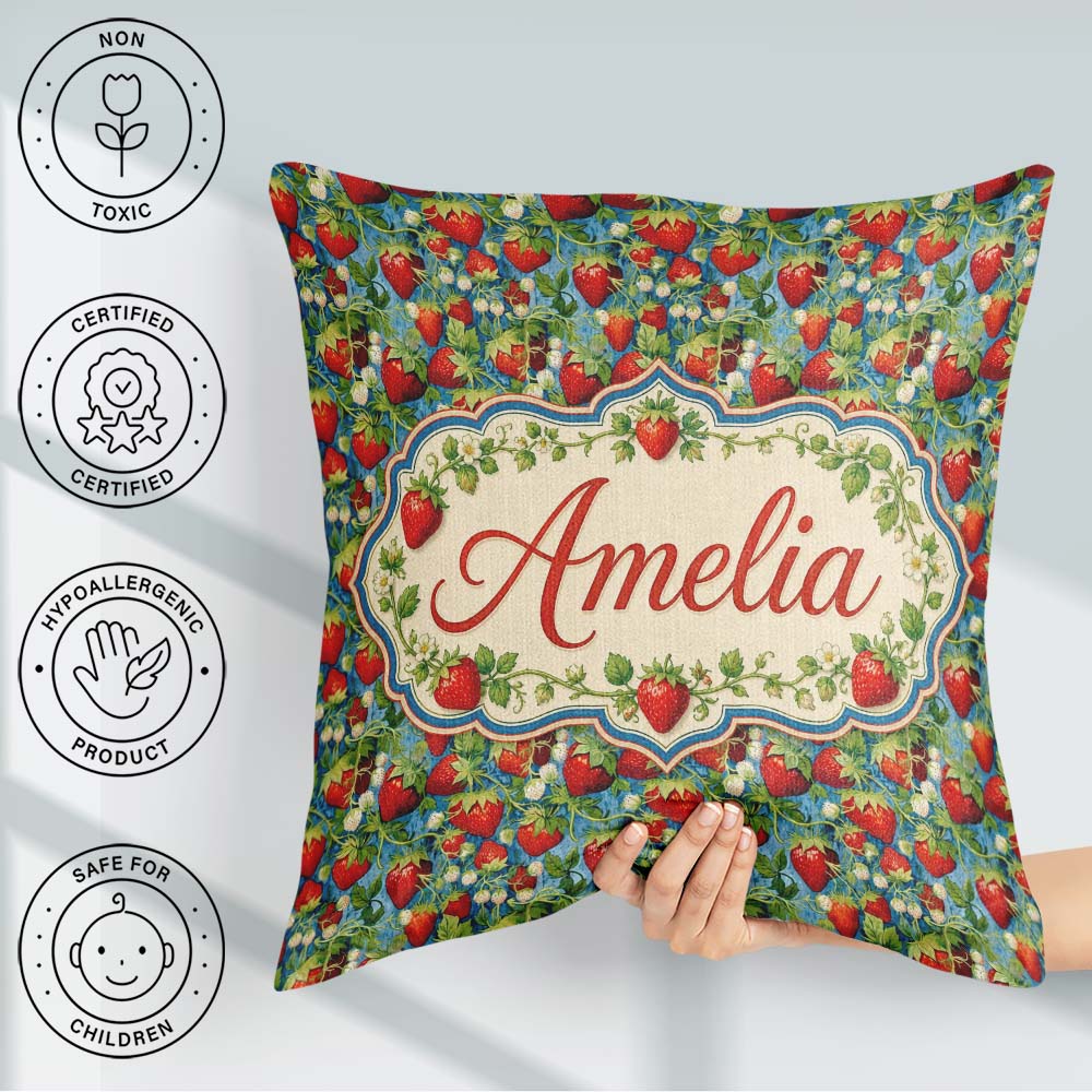 Custom Name Juicy Strawberry Vine Blue Background Seamless Name Square Filled Cushion Throw Pillow Sofa Bed Home Decor Zip Washable UK Made