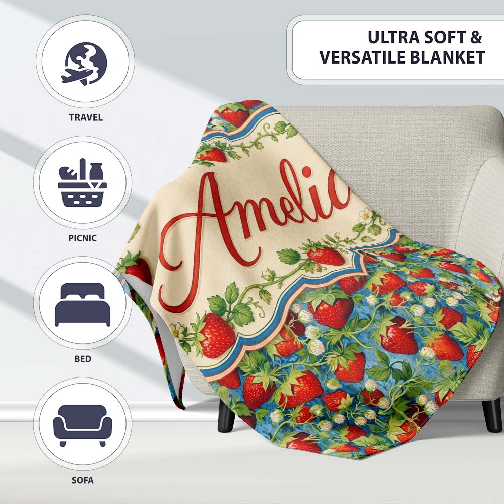 Juicy Strawberry Vine Blue Background Seamless Pattern Name Cute Personalised Custom Name Super Soft Fleece Blanket Bed Sofa Throw