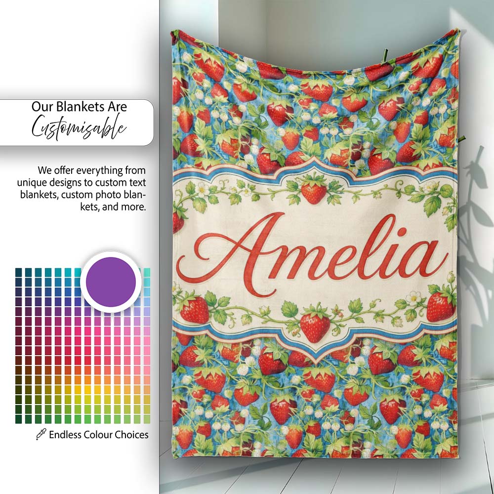 Juicy Strawberry Vine Blue Background Seamless Pattern Name Cute Personalised Custom Name Super Soft Fleece Blanket Bed Sofa Throw