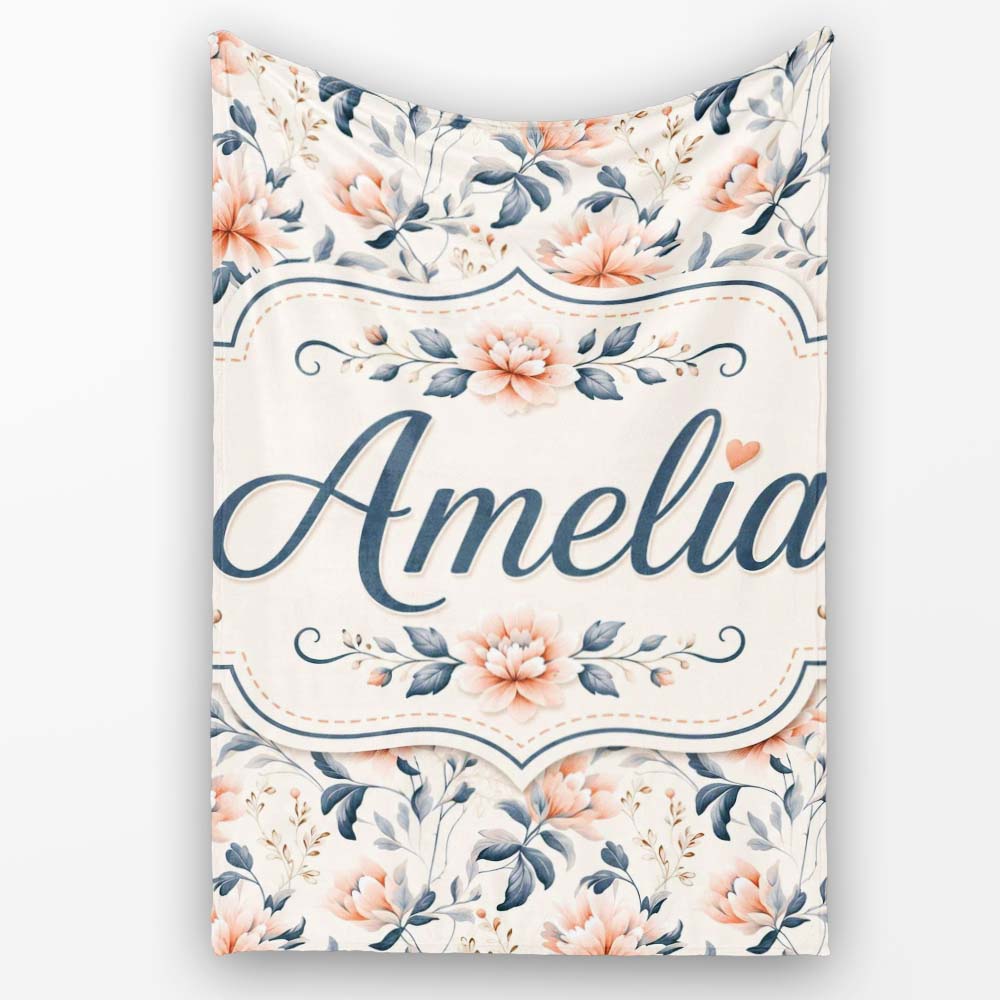 Soft Peach Floral Botanical Elegant Seamless Pattern Name Cute Personalised Custom Name Super Soft Fleece Blanket Bed Sofa Throw