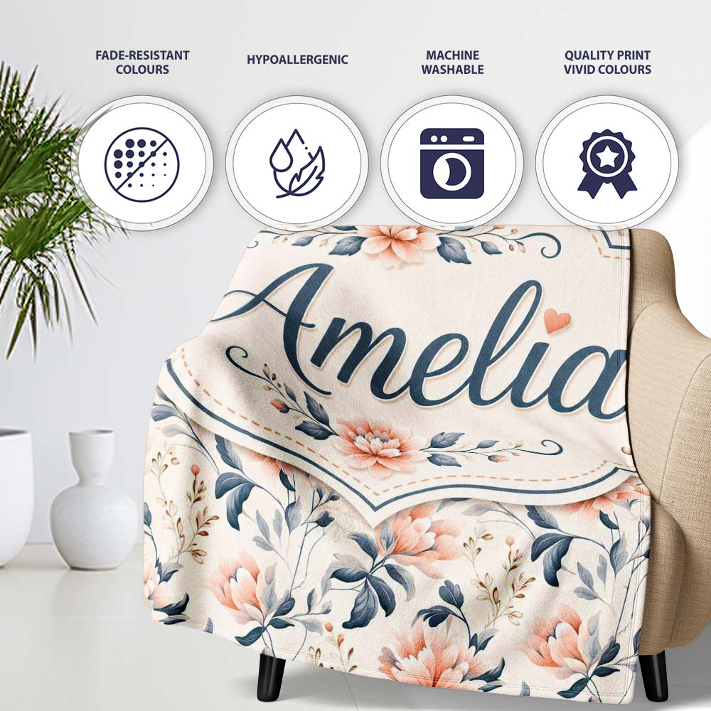 Soft Peach Floral Botanical Elegant Seamless Pattern Name Cute Personalised Custom Name Super Soft Fleece Blanket Bed Sofa Throw
