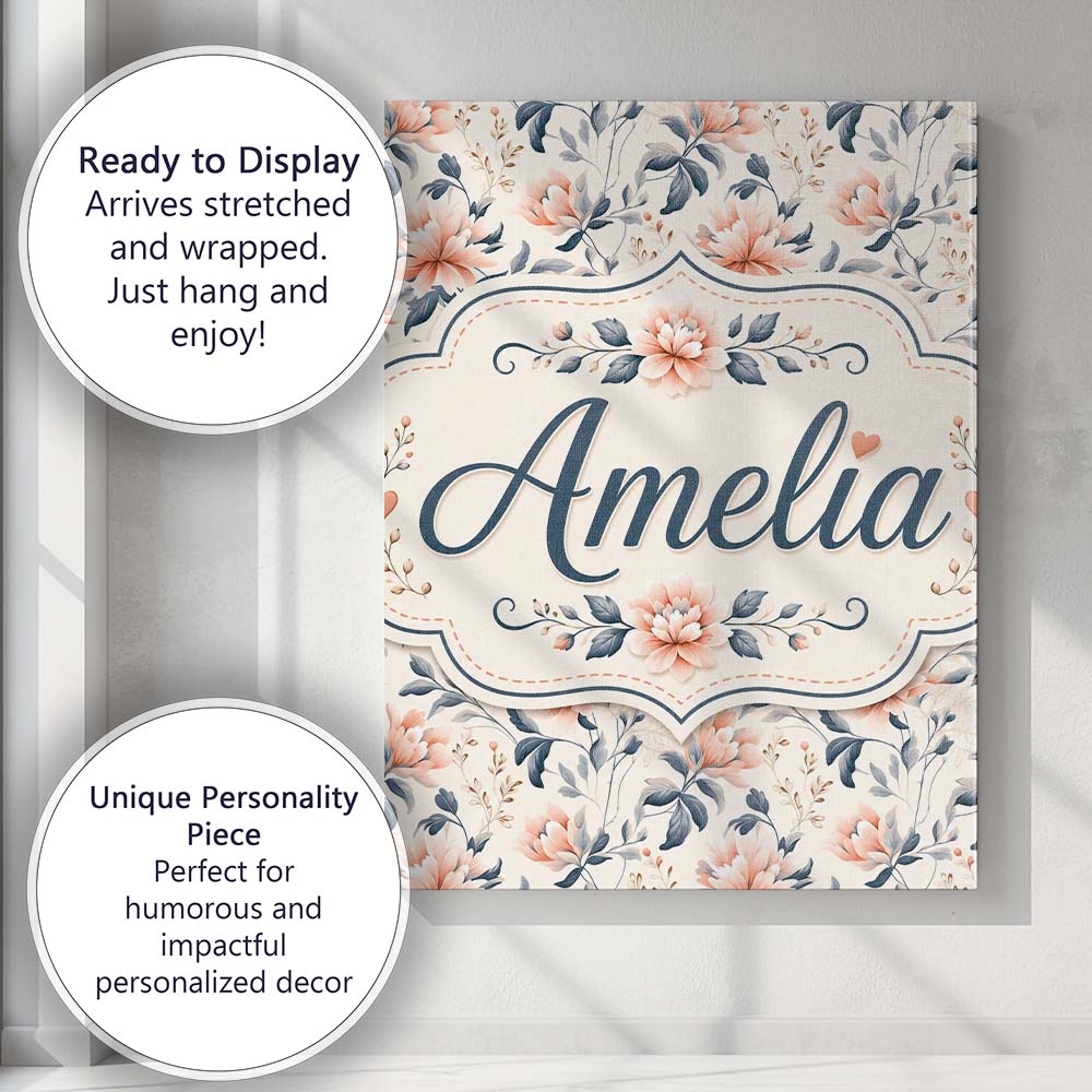 Personalised Name Soft Peach Floral Botanical Custom Unique Gift Idea Modern Room Accent Canvas Wall Art Print Decor Picture Ready to Hang