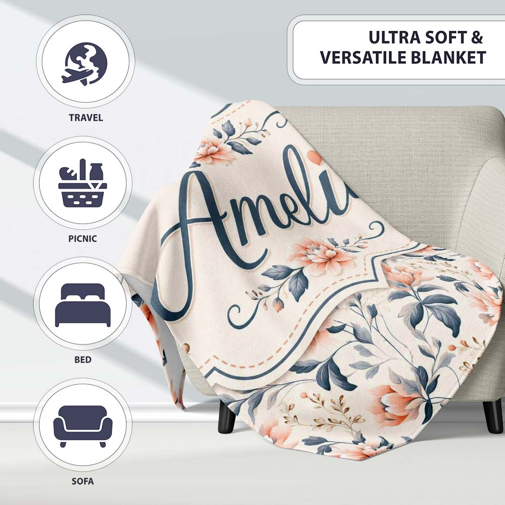 Soft Peach Floral Botanical Elegant Seamless Pattern Name Cute Personalised Custom Name Super Soft Fleece Blanket Bed Sofa Throw