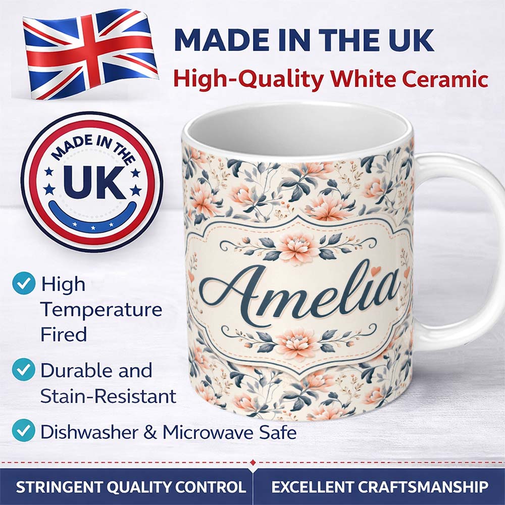 Personalized Custom Name Soft Peach Floral Botanical Elegant Seamless Pattern Name Cute 11oz Ceramic Coffee Tea Mug White Large Handle