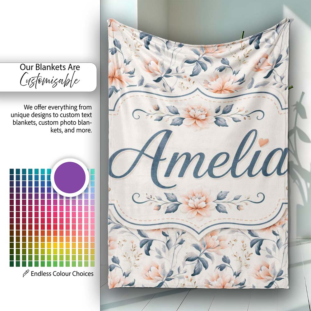 Soft Peach Floral Botanical Elegant Seamless Pattern Name Cute Personalised Custom Name Super Soft Fleece Blanket Bed Sofa Throw
