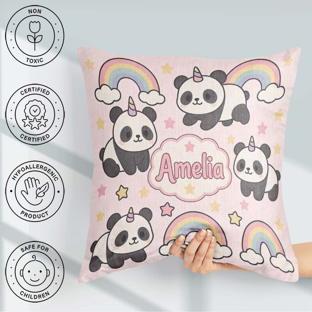 Custom Name Cute Panda Unicorn Cartoon Animal Pattern Coffee Cup Square Filled Cushion Throw Pillow Sofa Bed Home Decor Zip Washable UK Made
