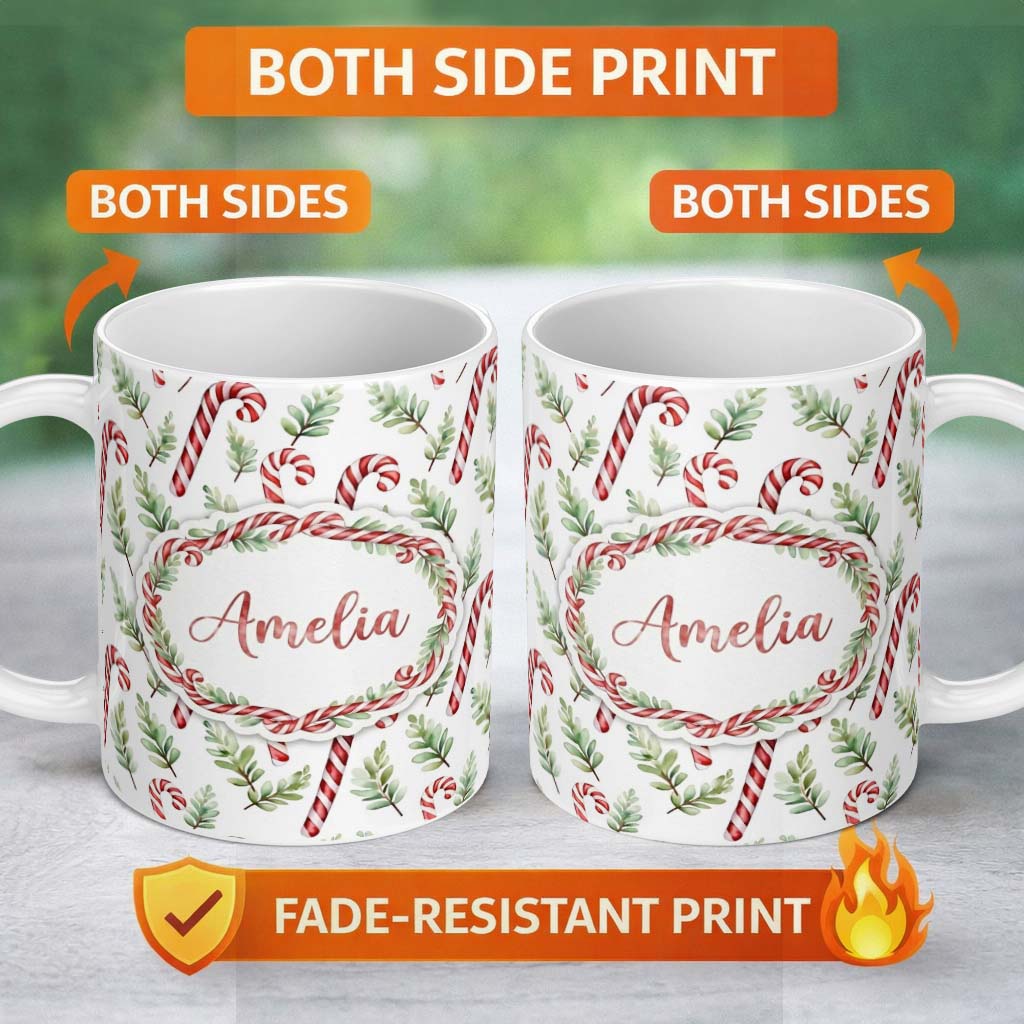Personalized Custom Name Minimal Candy Cane Leaf Botanical Christmas Seamless Pattern Lovely 11oz Ceramic Coffee Tea Mug White Large Handle