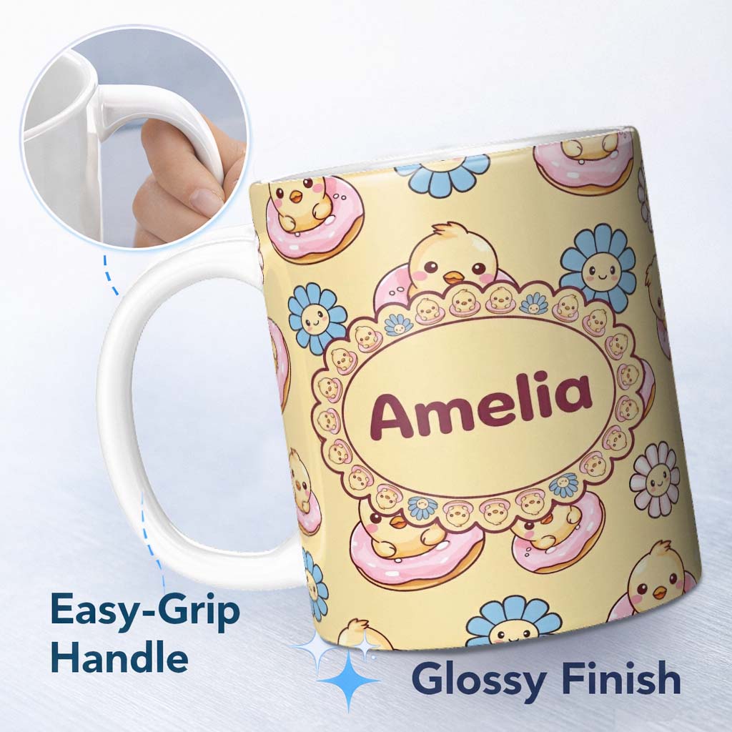 Personalized Custom Name Cute Baby Chick Donut Flowers Seamless Pattern Pastel Yellow Lovely 11oz Ceramic Coffee Tea Mug White Large Handle