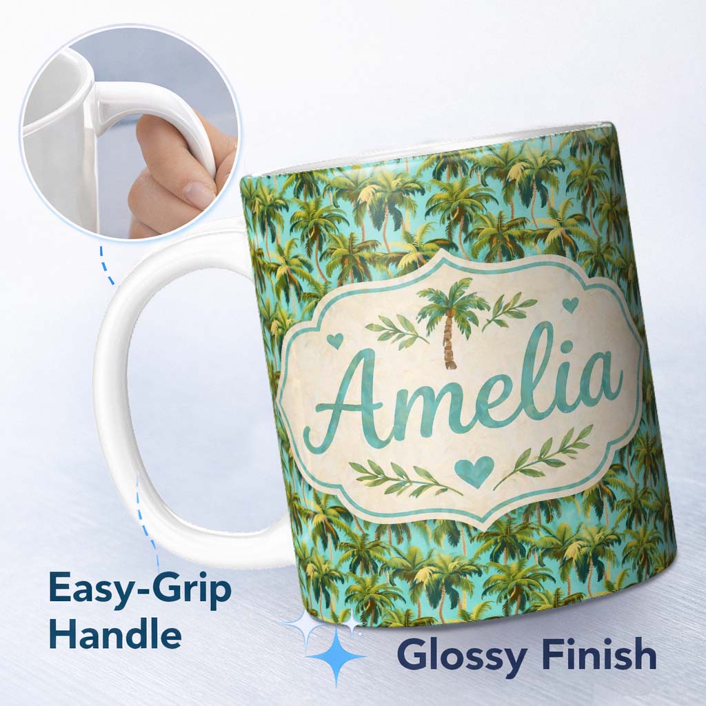 Personalized Custom Name Tropical Palm Tree Summer Beach Seamless Pattern on Teal Background 11oz Ceramic Coffee Tea Mug White Large Handle